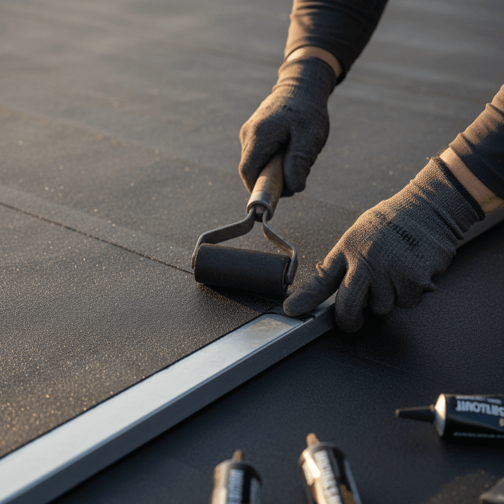 Contractor installing rubber roofing material on residential roof
