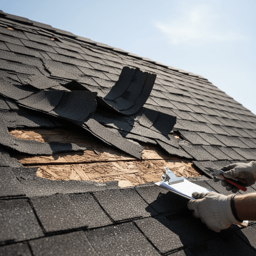 Close-up of roof damage from storm with assessment tools