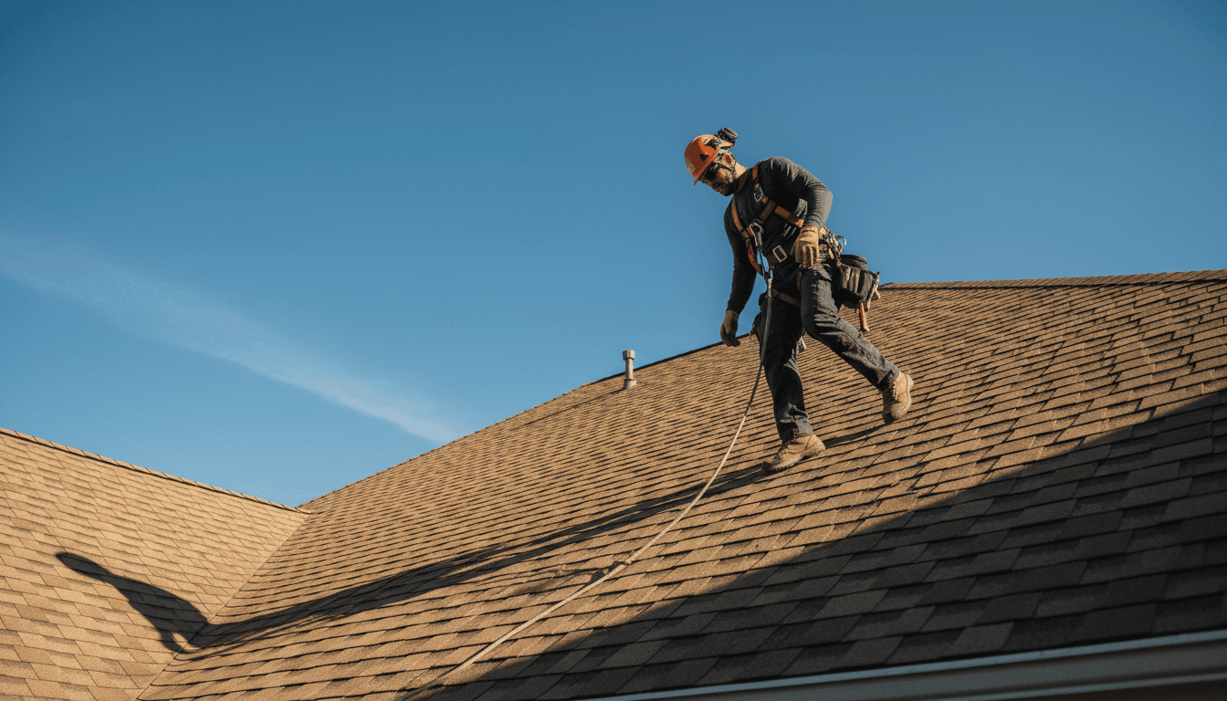 Roofing professional conducting roof inspection on residential property