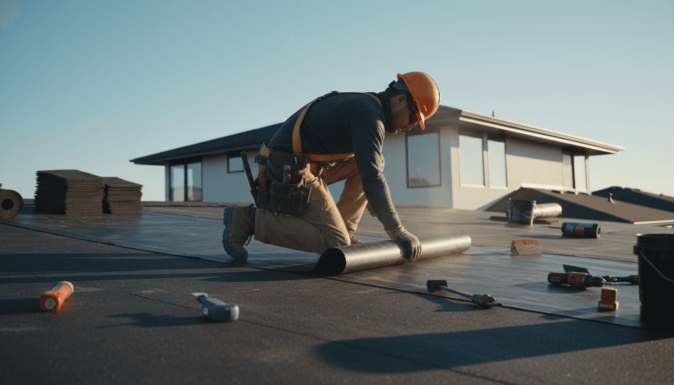 Professional roofing contractor installing new roof material on residential home in New York