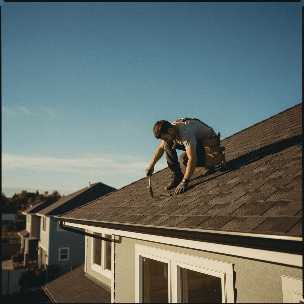 Professional roofer installing new roof shingles on residential home
