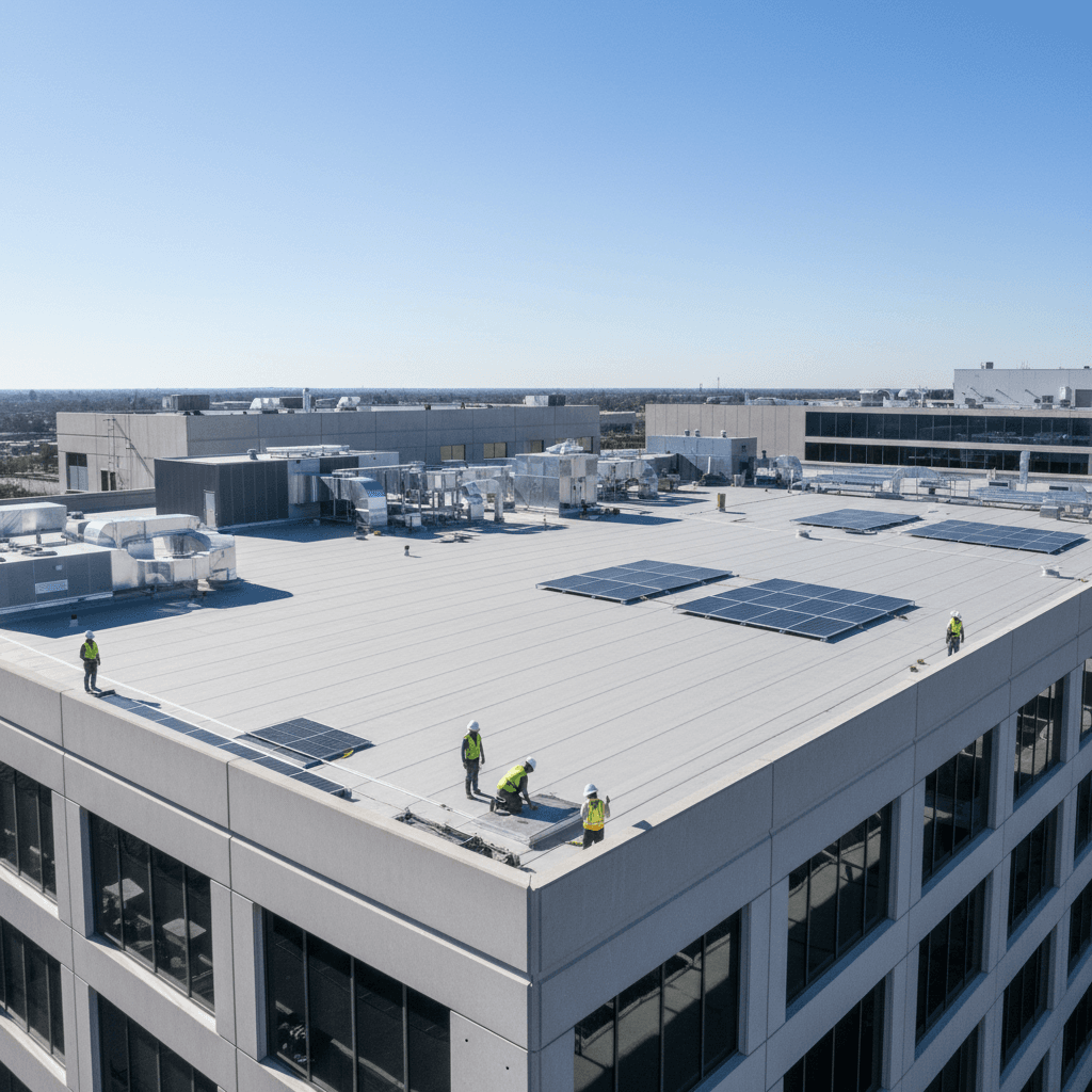 Commercial flat roof installation on urban building