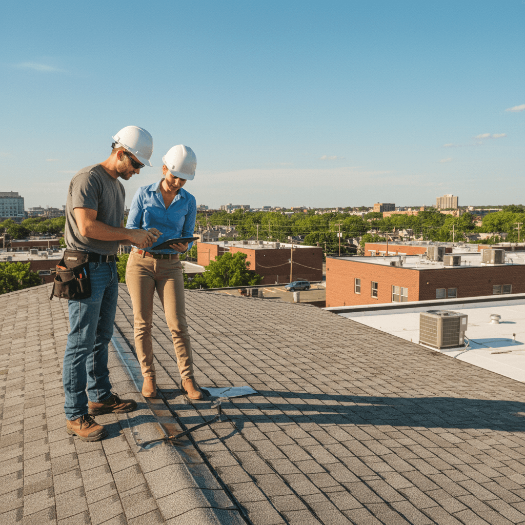 Property manager and roofer inspecting commercial property roof together