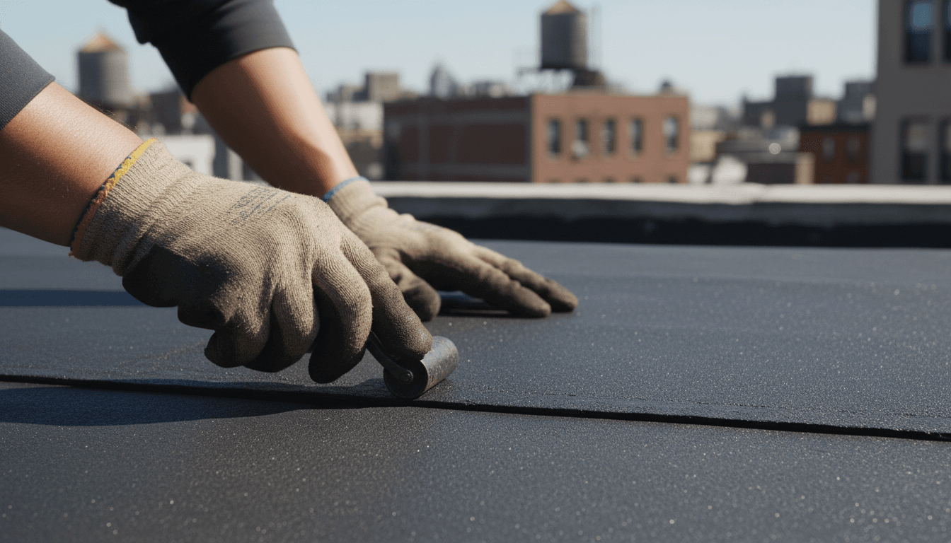 Roofer's hands installing rubber roofing material on a flat roof
