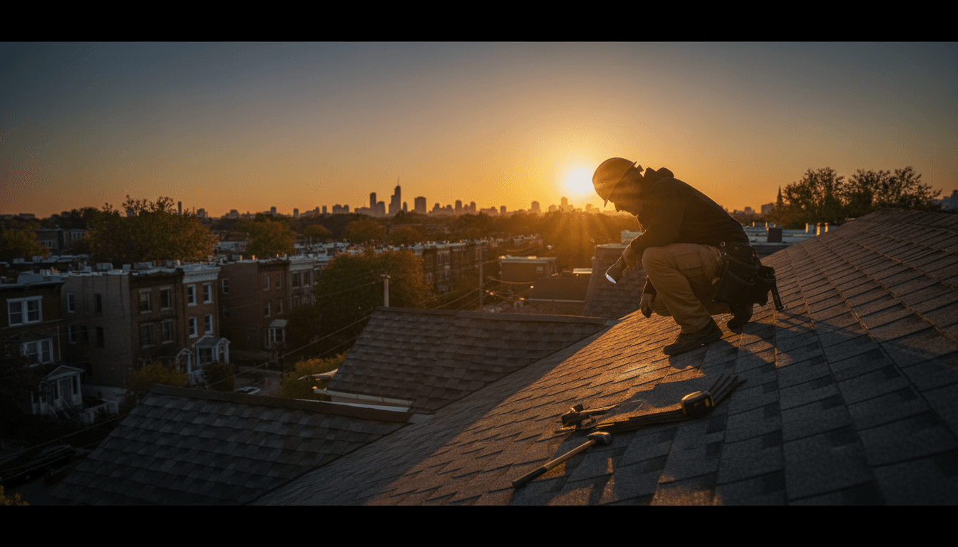 Experienced roofer performing quality inspection on a residential roof in New York