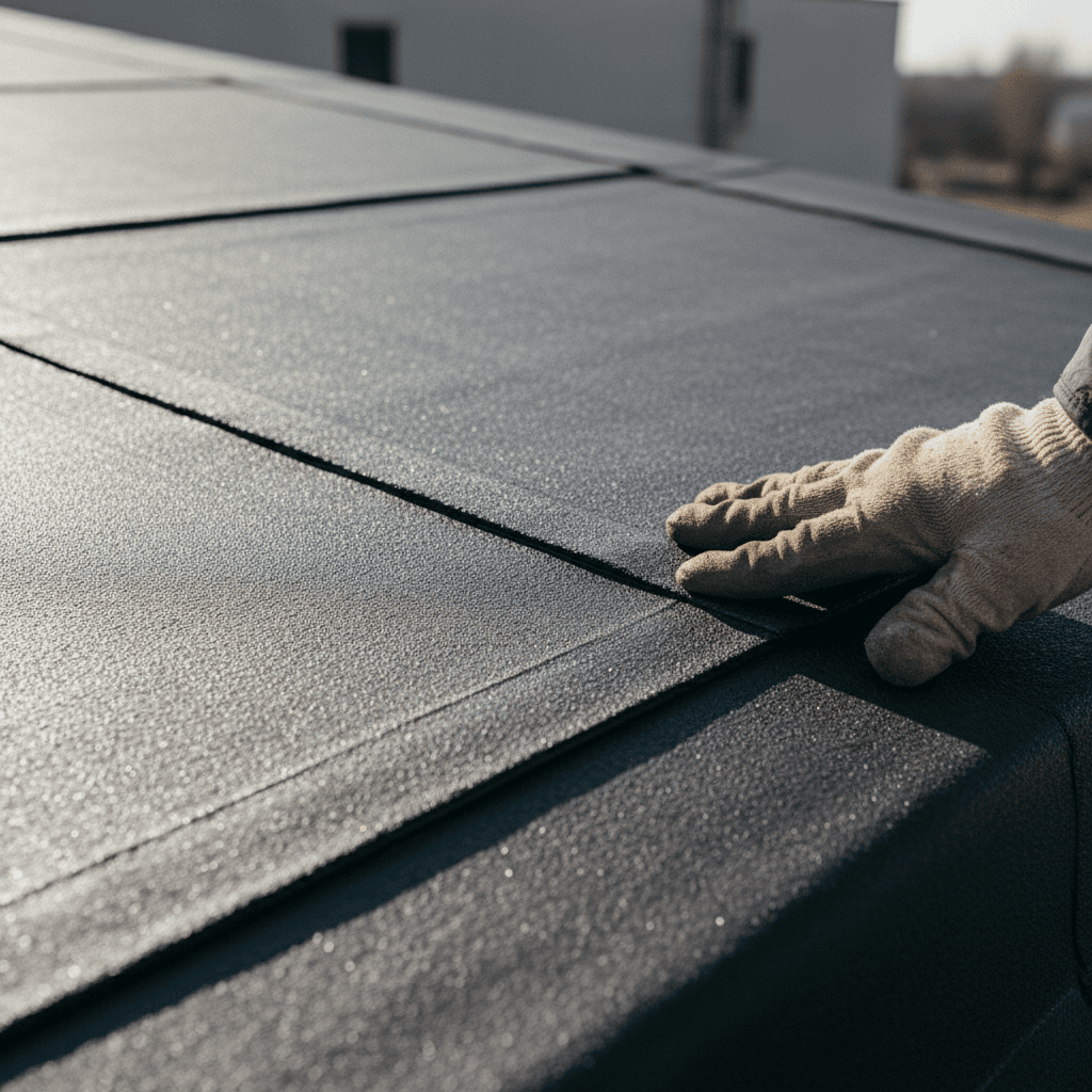 Close-up of rubber roofing seam and material installation detail