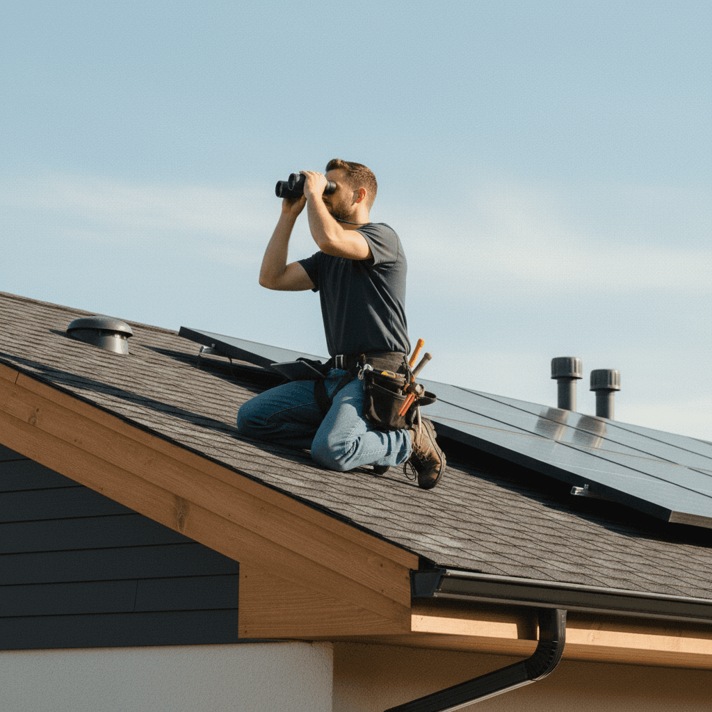 Roofer performing roof inspection and preventative maintenance